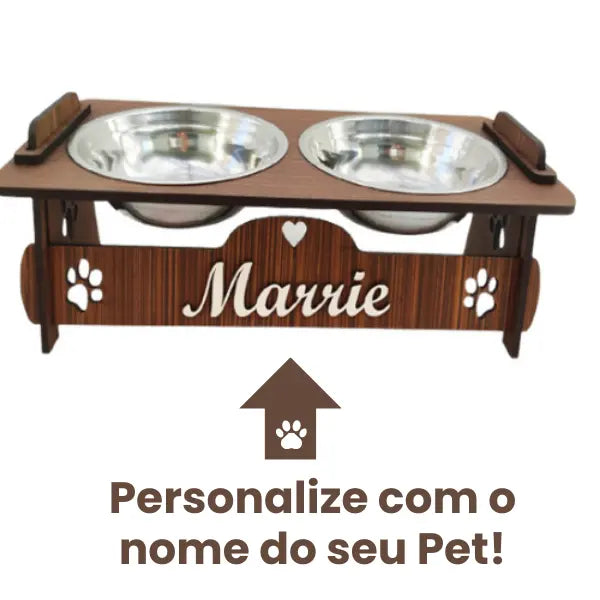 ElevaPets™ - Suporte Comedouro de Madeira com Potes de Inox Personalizado para o Seu Pet