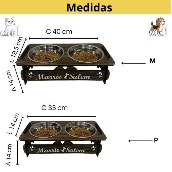 ElevaPets™ - Suporte Comedouro de Madeira com Potes de Inox Personalizado para o Seu Pet