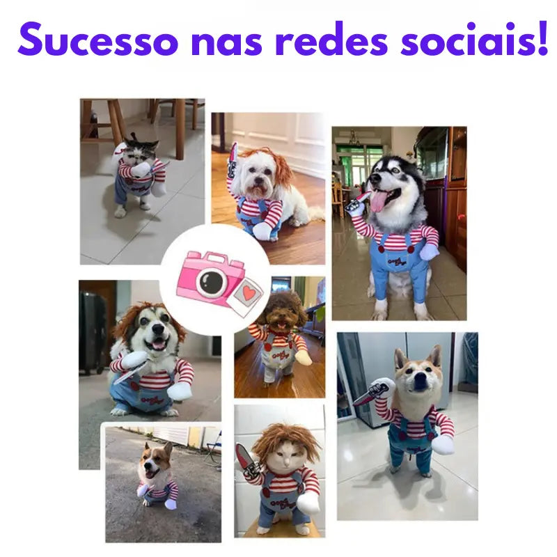 Fantasia de Cachorro e Gato com Chucky e Faca - Cosplay Engraçado para Festas e Halloween