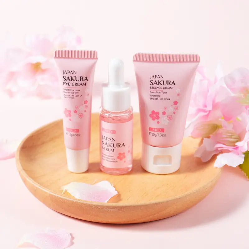 Kit de Cuidados com a Pele Sakura LAIKOU - Creme Facial, Sérum Clareador e Creme para Olhos - Hidratação e Redução de Rugas