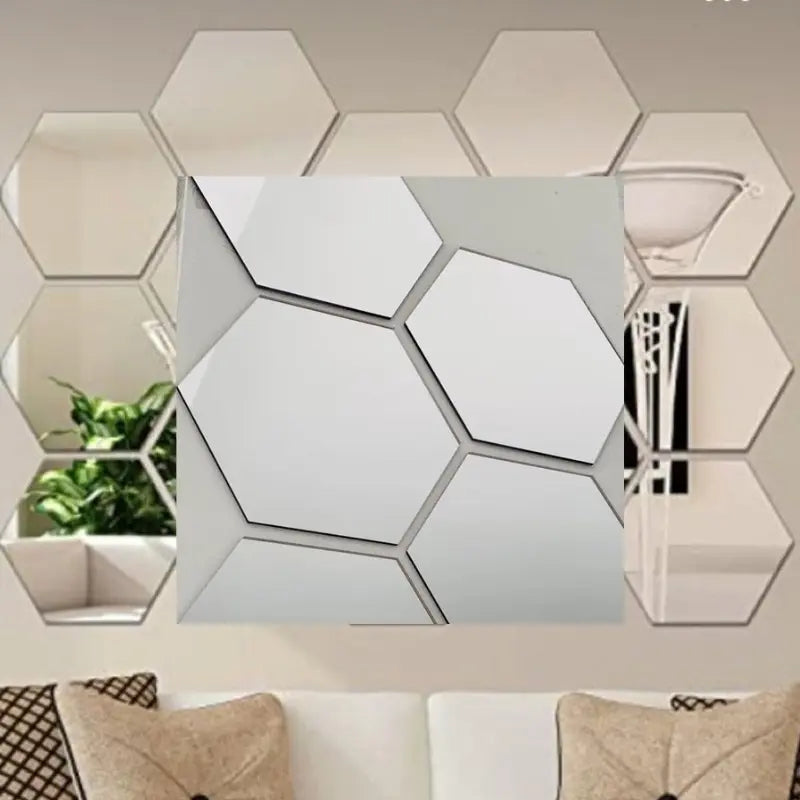 Kit 10 Espelhos Decorativos Adesivos Hexagonais Acrílico 2mm para Ambientes Modernos