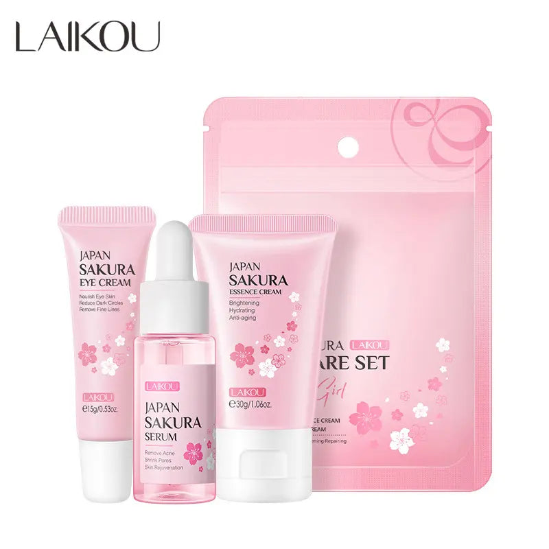 Kit de Cuidados com a Pele Sakura LAIKOU - Creme Facial, Sérum Clareador e Creme para Olhos - Hidratação e Redução de Rugas