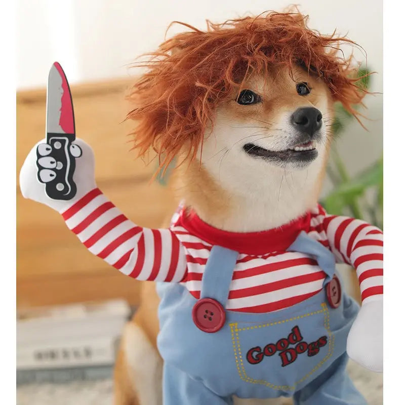 Fantasia de Cachorro e Gato com Chucky e Faca - Cosplay Engraçado para Festas e Halloween