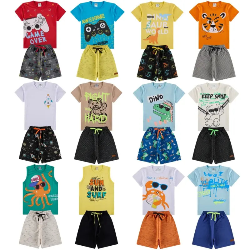 Kit Sortido de 5 Conjuntos de Roupa Infantil Menino Verão - Camisetas e Bermudas 100% Algodão