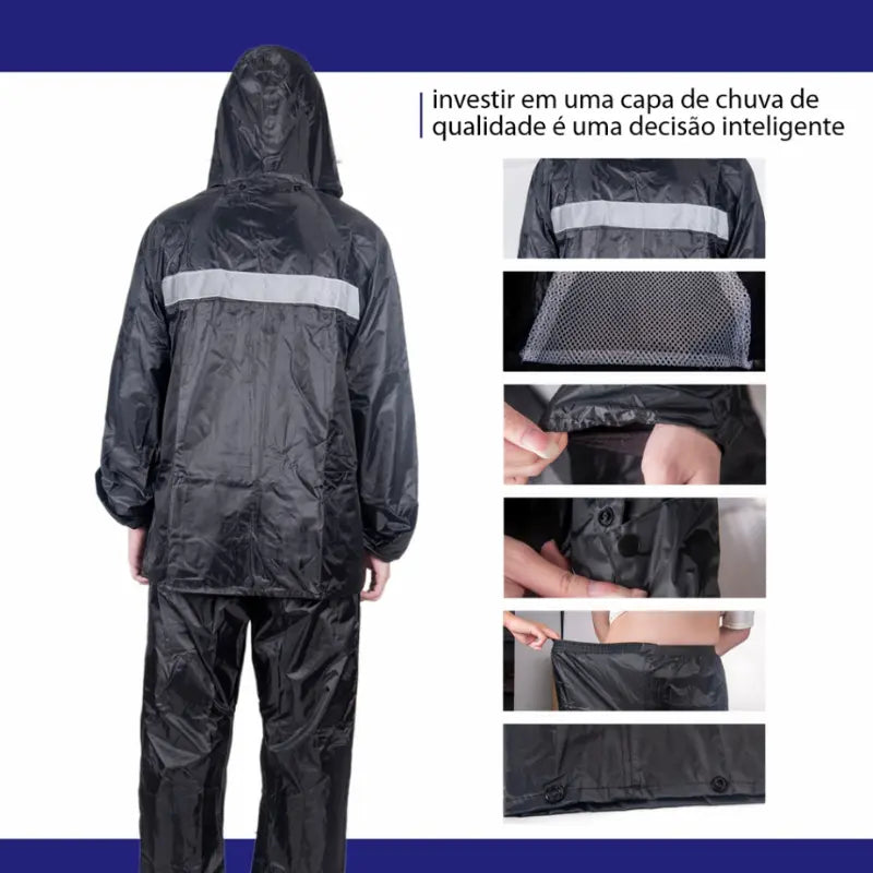 Kit Capa de Chuva Impermeável para Motociclistas – Proteção Completa Unissex com Faixa Reflexiva de Alta Visibilidade