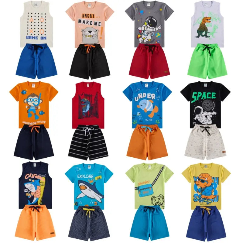 Kit Sortido de 5 Conjuntos de Roupa Infantil Menino Verão - Camisetas e Bermudas 100% Algodão