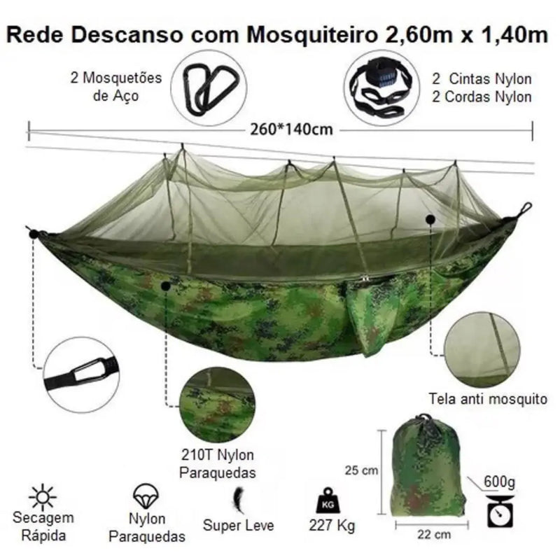 Rede de Descanso com Tela Mosquiteiro para Camping e Lazer – Suporte de 227 kg, Portátil e Durável