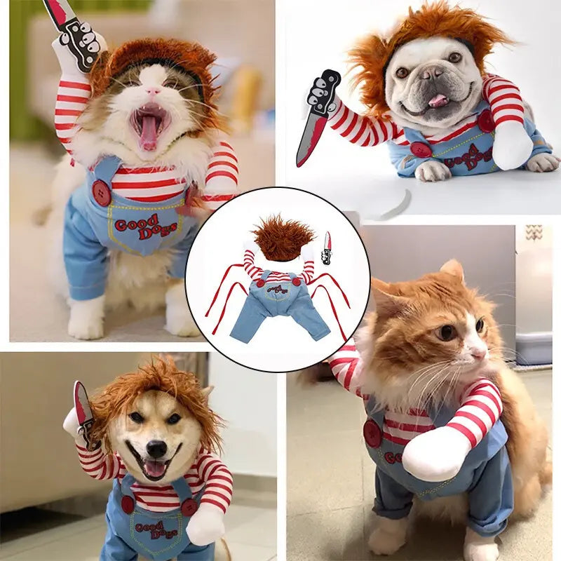 Fantasia de Cachorro e Gato com Chucky e Faca - Cosplay Engraçado para Festas e Halloween