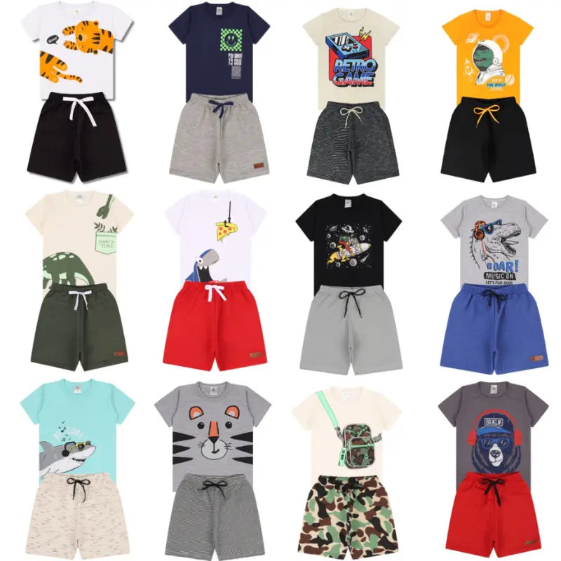 Kit Sortido de 5 Conjuntos de Roupa Infantil Menino Verão - Camisetas e Bermudas 100% Algodão