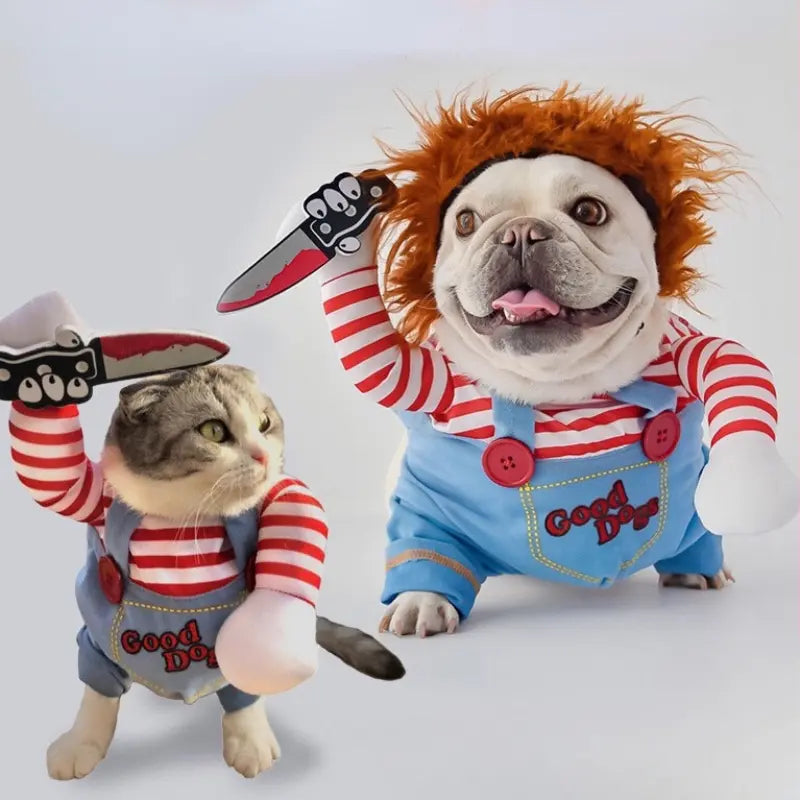 Fantasia de Cachorro e Gato com Chucky e Faca - Cosplay Engraçado para Festas e Halloween