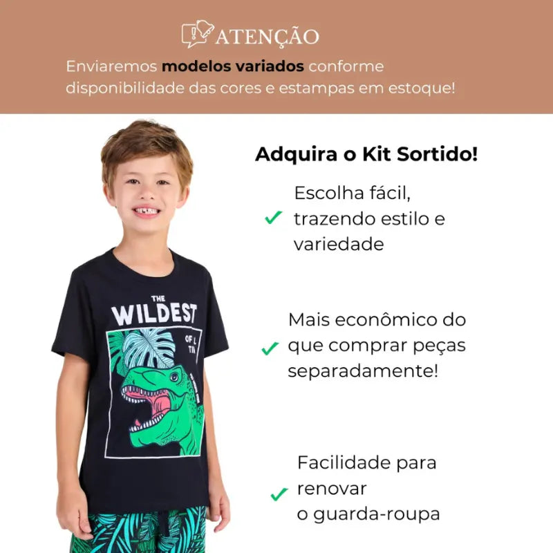 Kit Sortido de 5 Conjuntos de Roupa Infantil Menino Verão - Camisetas e Bermudas 100% Algodão