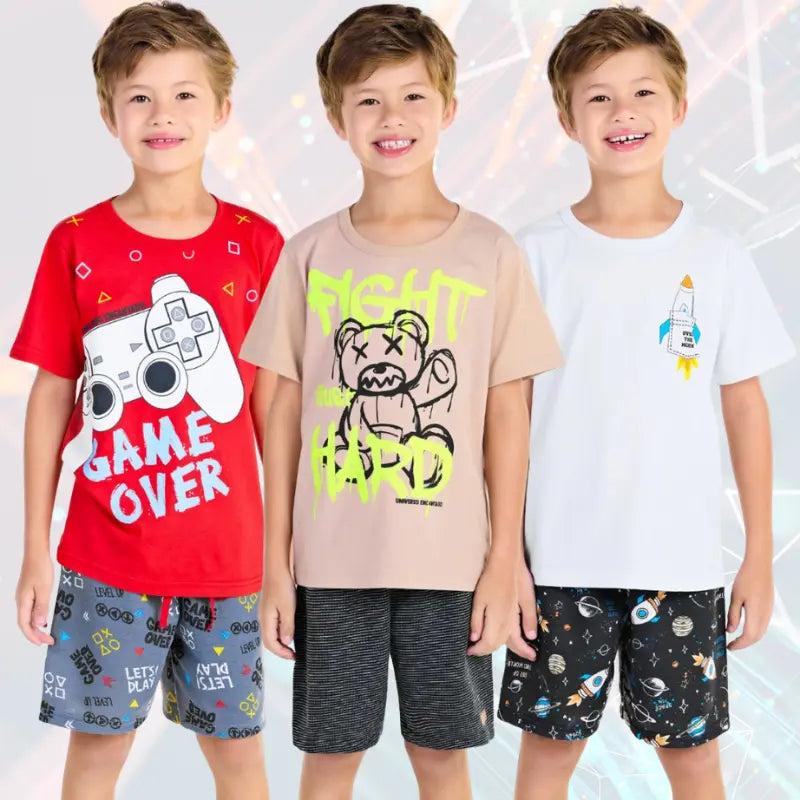 Kit Sortido de 5 Conjuntos de Roupa Infantil Menino Verão - Camisetas e Bermudas 100% Algodão