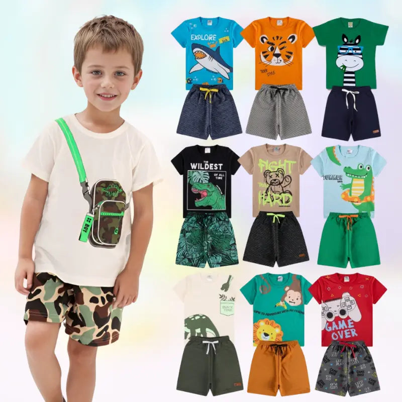 Kit Sortido de 5 Conjuntos de Roupa Infantil Menino Verão - Camisetas e Bermudas 100% Algodão